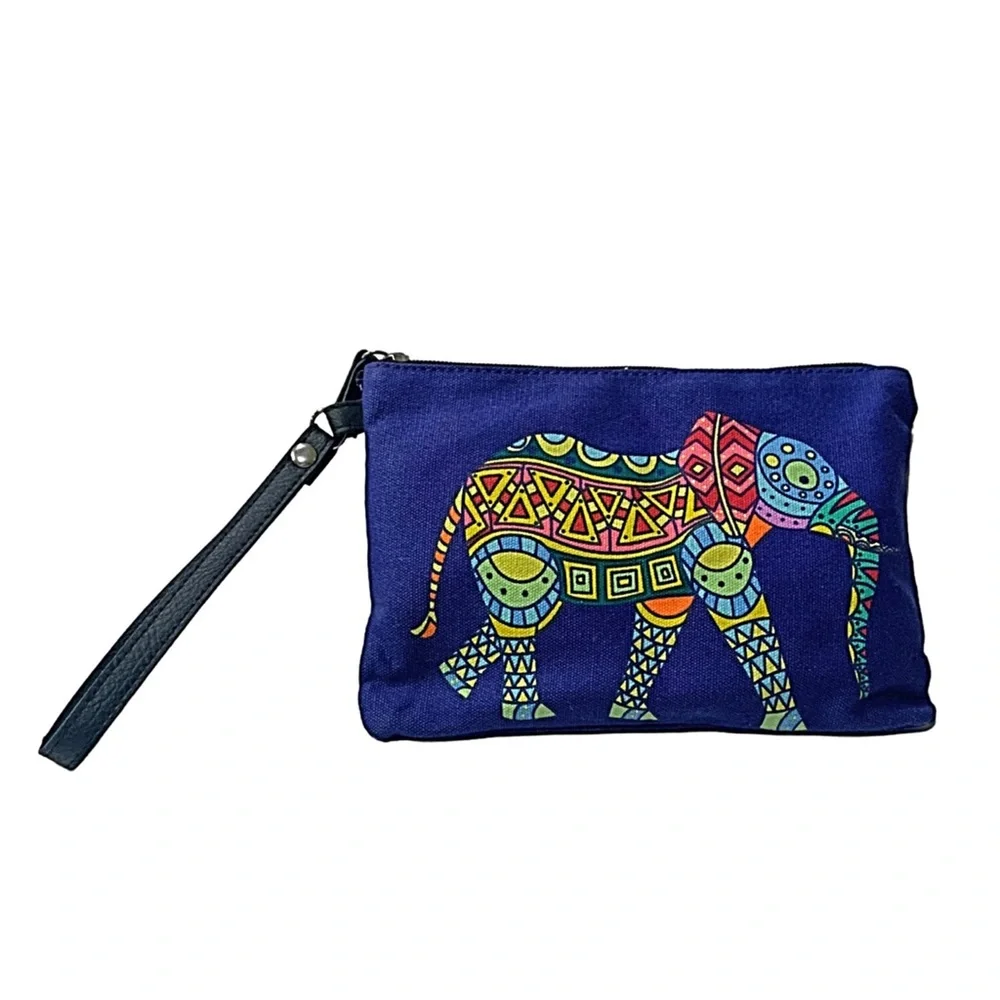 Flash Sale NEW Wristlet Elephant Print Canvas Wristlet Navy Blue